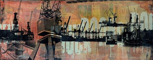 HAMBURG 2070 - Collage mit Malerei in 120x46cm 